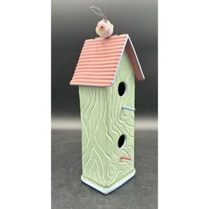 Homemade Ceramic Handpainted Pastel Birdhouse Decor With Bird On Top